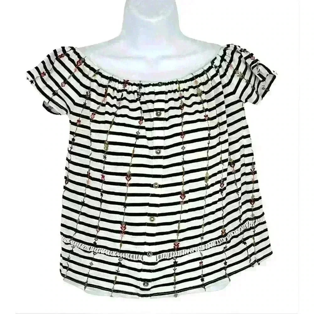 Lucky Brand womens cropped top XS elastic scoop neck cap sleeve embroidered